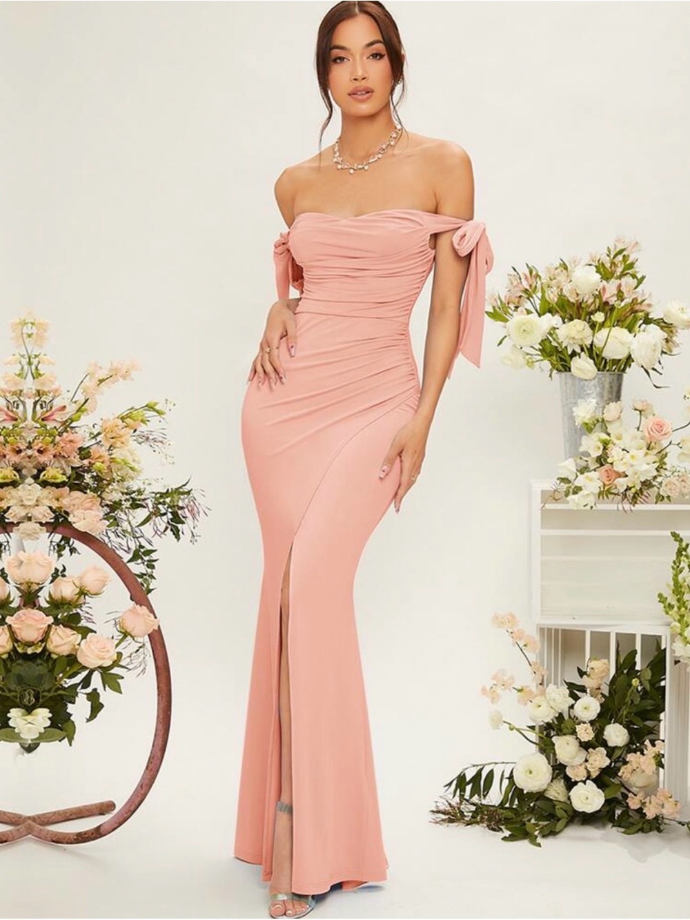 Blush Pink Strapless Mermaid Gown with Bow Sleeves